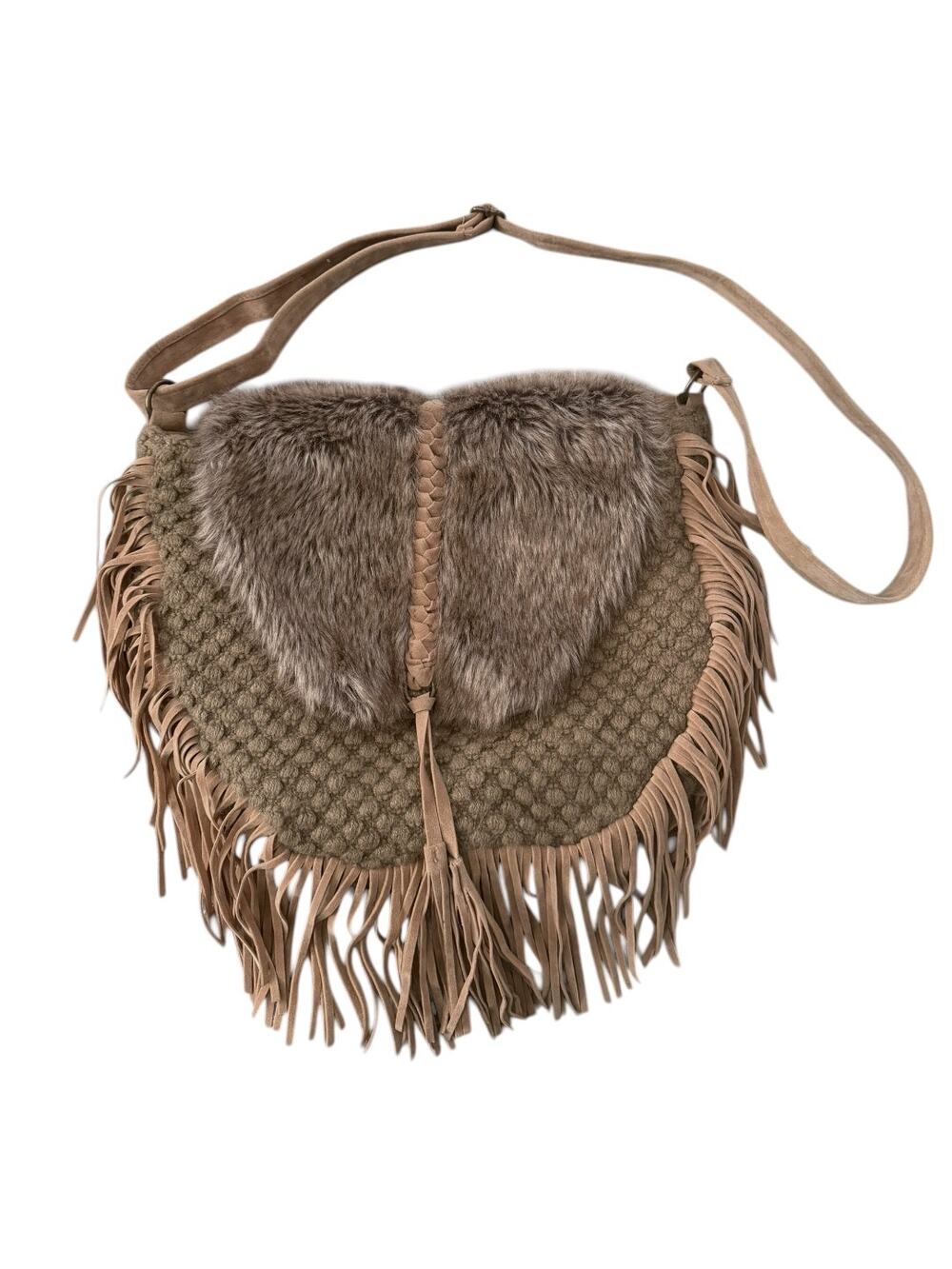 Boho Fringe Crossbody Bag Faux Fur Western Festival Indie Cowgirl Tan AZIZA